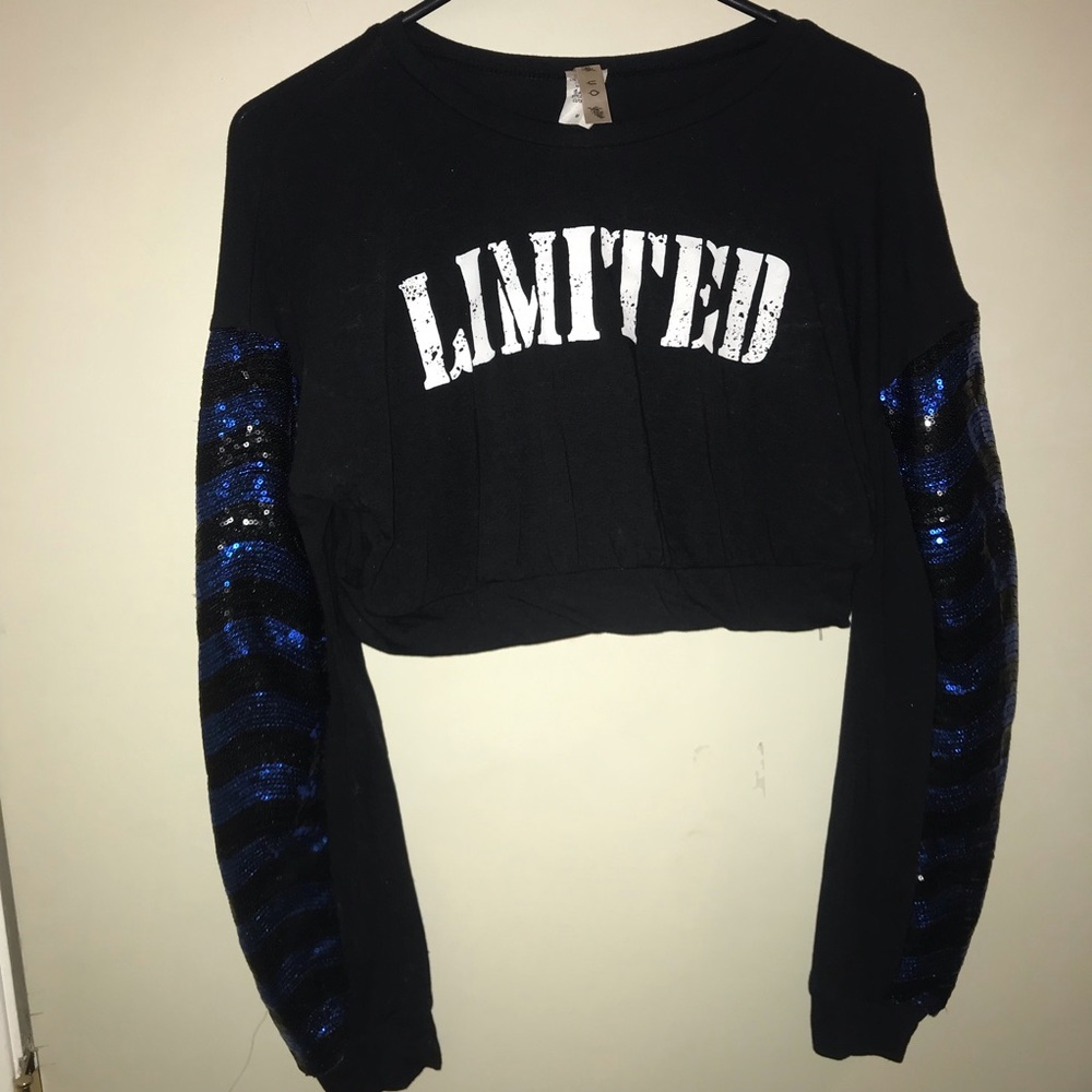 Black Cropped Sweater with Blue Sequin Sleeves